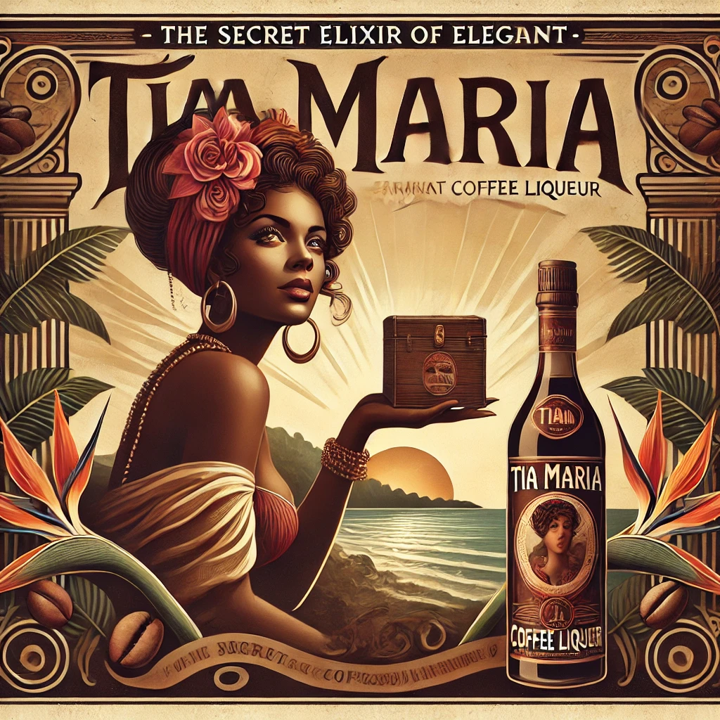 A vintage 1940s style advertising poster for Tia Maria, an elegant Jamaican coffee liqueur.