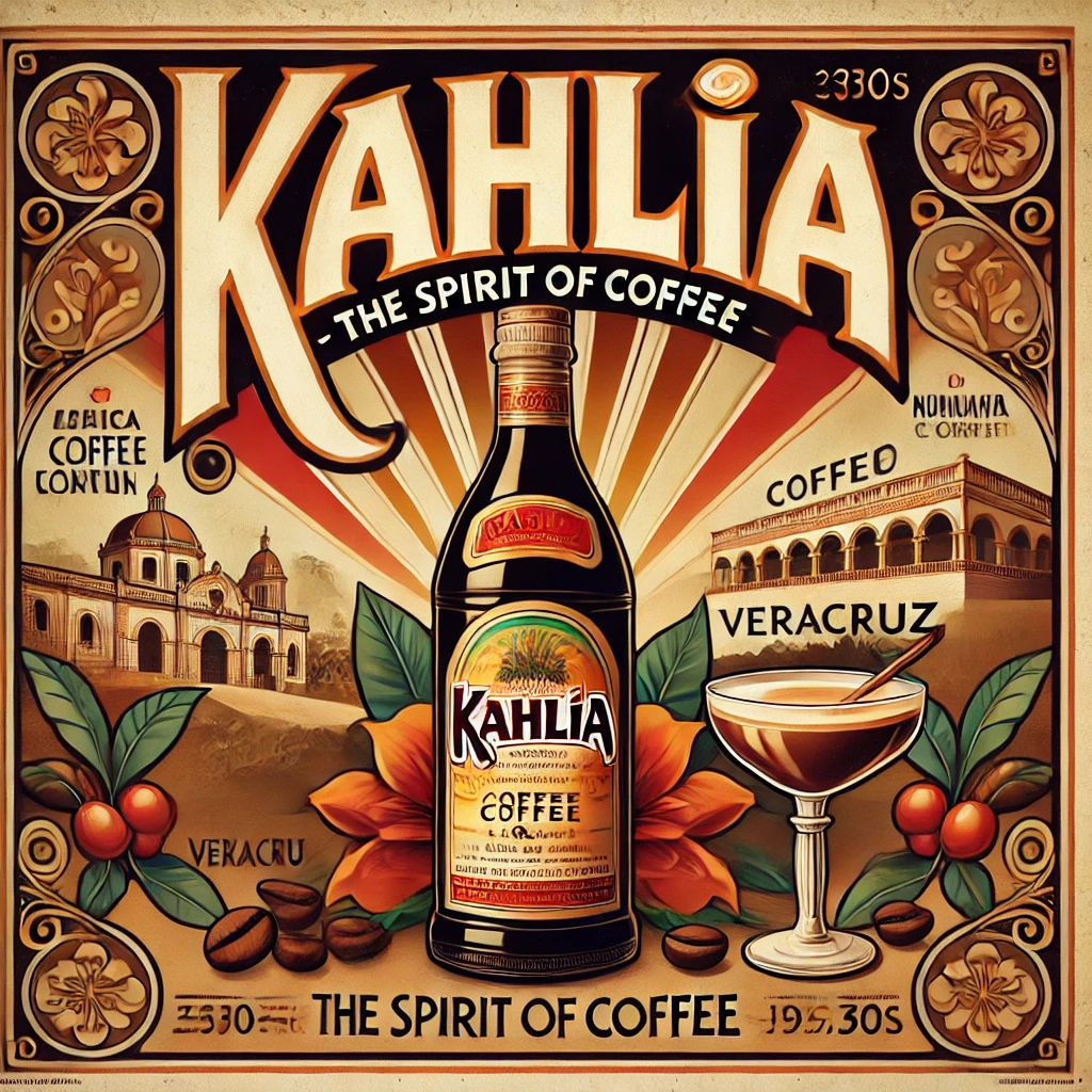 A vintage advertising poster from the 1930s promoting Kahlúa, a Mexican coffee liqueur.