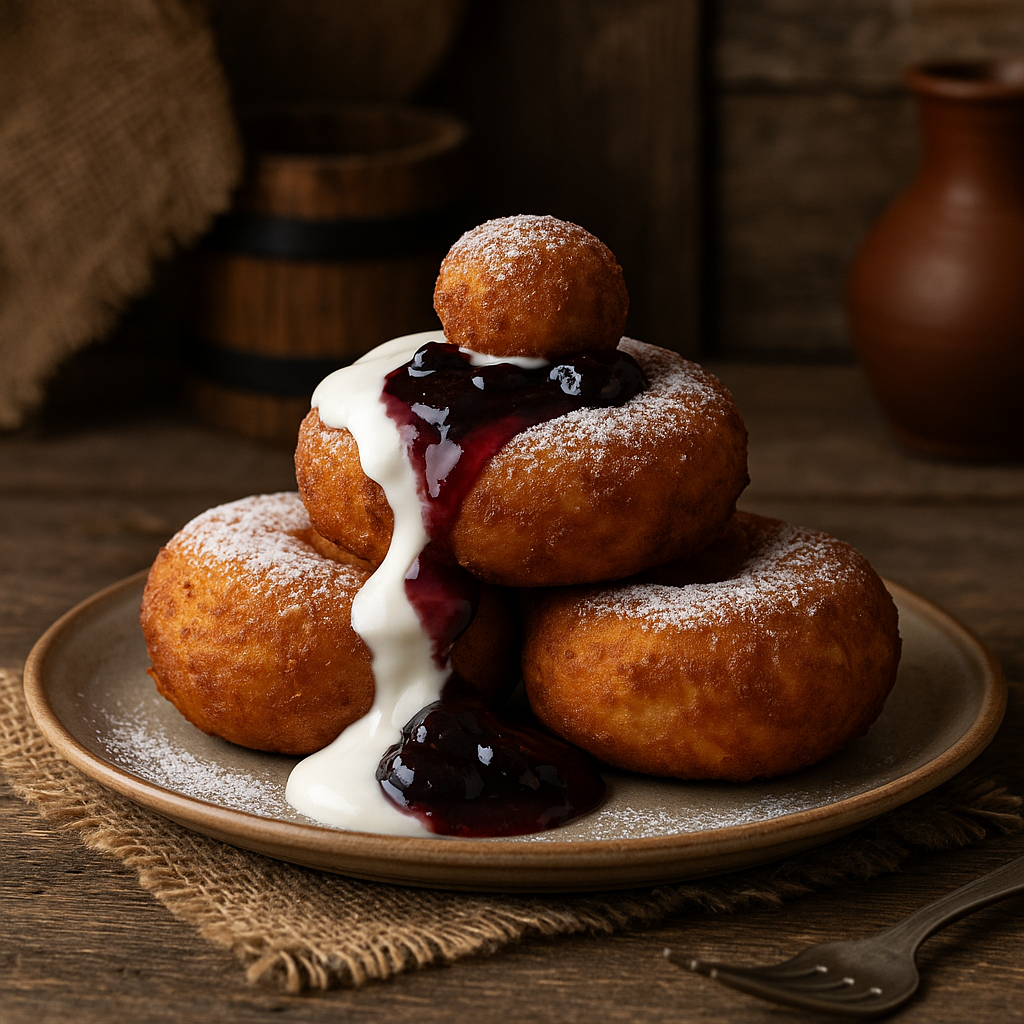 Papanași tradiționali cu smântână și dulceață