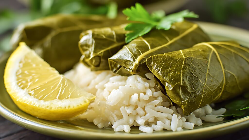 Delicious Grape Leaves Wrapped Rice with Fresh Lemon Slice.